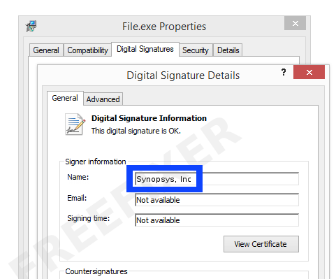 Screenshot of the Synopsys, Inc certificate